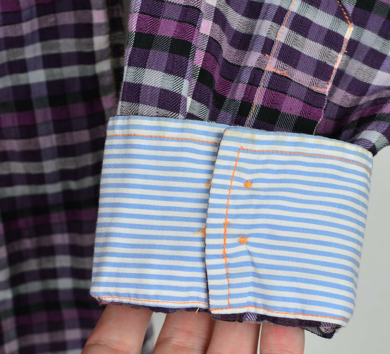 Arnold Zimberg Men's Large Flip Cuff Purple Check Cotton Poly Spandex Shirt