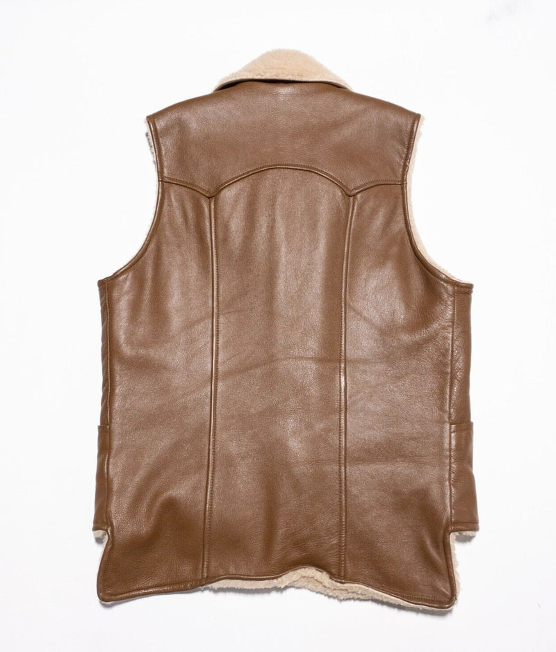 Vintage Deerskin Leather Vest Men's 42 Sherpa Lined 70s Brown Snap-Front USA