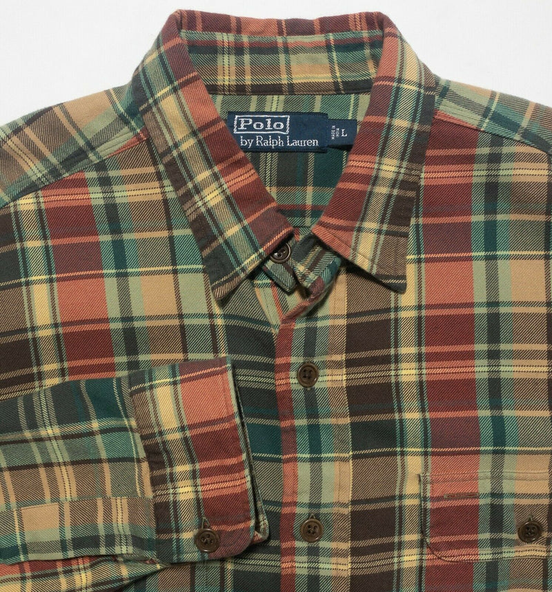 Polo Ralph Lauren Men's Large Green Red Brown Plaid Elbow Pads Flannel Shirt