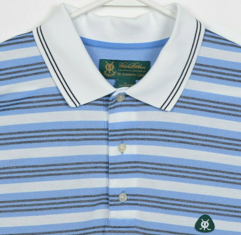 Brooks Brothers Men's Large St. Andrew's Links Blue Striped Golf Polo Shirt