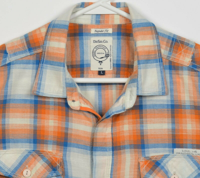 Diesel Men's Large Regular Fit Orange Blue Plaid Hidden Button-Front Shirt