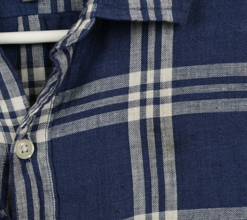 Bonobos Men's Sz XS Slim Fit 100% Linen Navy Blue Plaid Long Sleeve Shirt