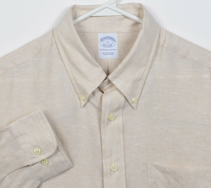 Brooks Brothers Men's Large 100% Irish Linen Solid Beige Button-Down Shirt