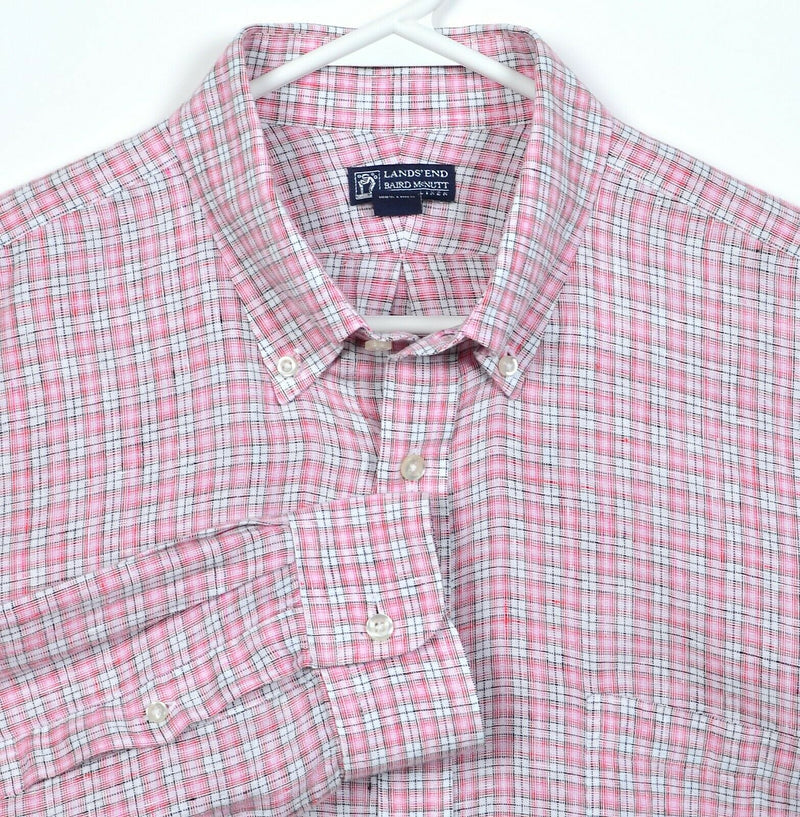 Lands End Men's 16 (Large) Baird McNutt Irish Linen Pink Plaid Button-Down Shirt