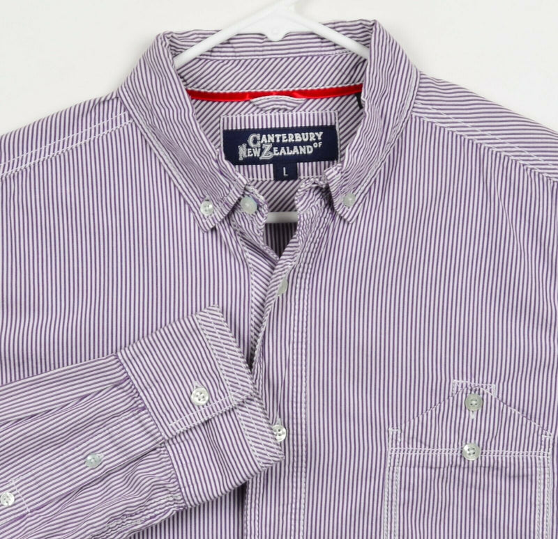 Canterbury New Zealand Men's Sz Large Purple Striped Button-Down Shirt