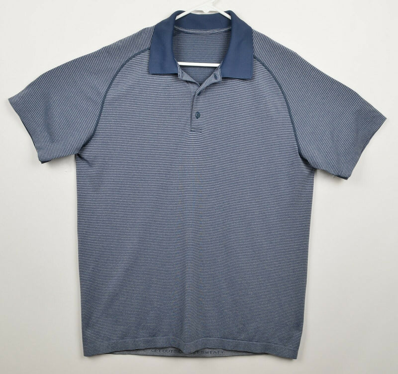 Lululemon Men's Sz XL Gray Navy Blue Striped Athleisure Short Sleeve Polo Shirt