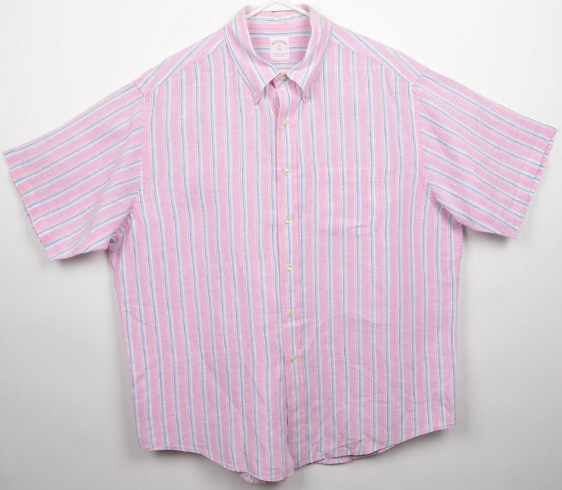 Brooks Brothers Men's XL 100% Linen Pink Blue Striped S/S Button-Down Shirt