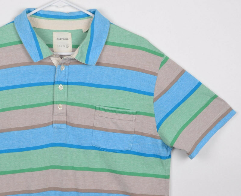 Billy Reid Men's Sz 2XL Blue Green Gray Striped Soft Cotton Pocket Polo Shirt