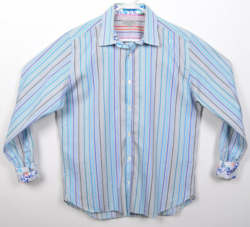 Ted Baker London Men's 4 (Large) Flip Cuff Floral Blue Striped Button Shirt