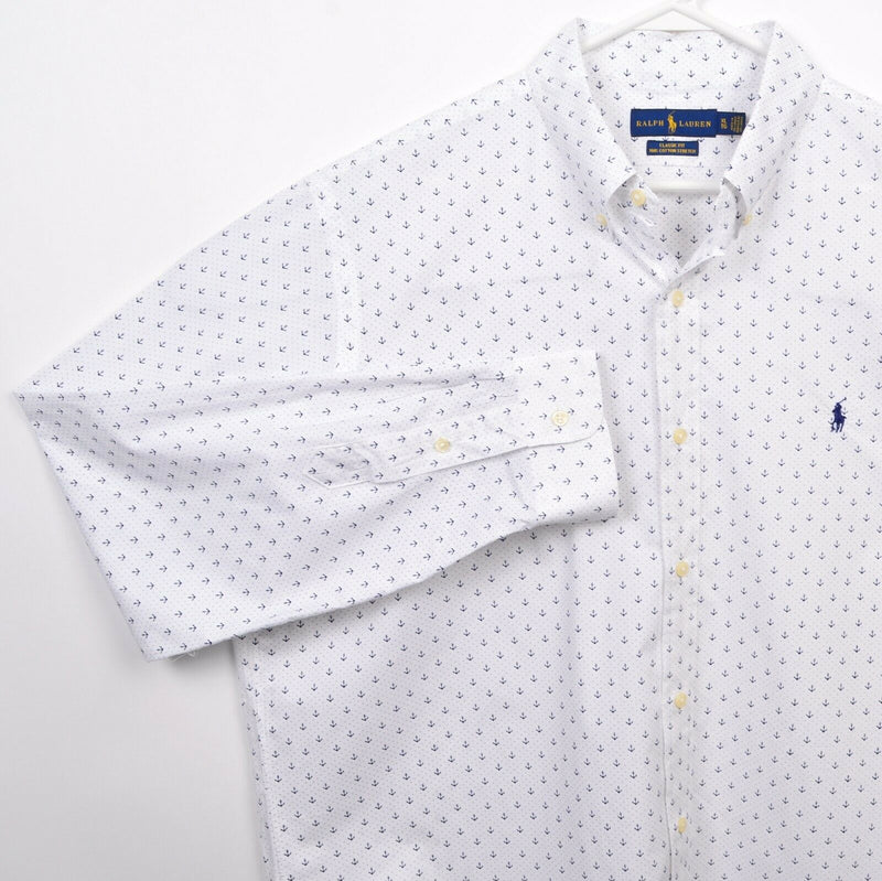 Polo Ralph Lauren Men's XL Anchor Pattern White Blue Stretch Button-Down Shirt