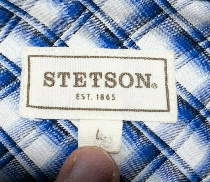 Stetson Pearl Snap Shirt Men's Large Blue Plaid Western Rockabilly Long Sleeve