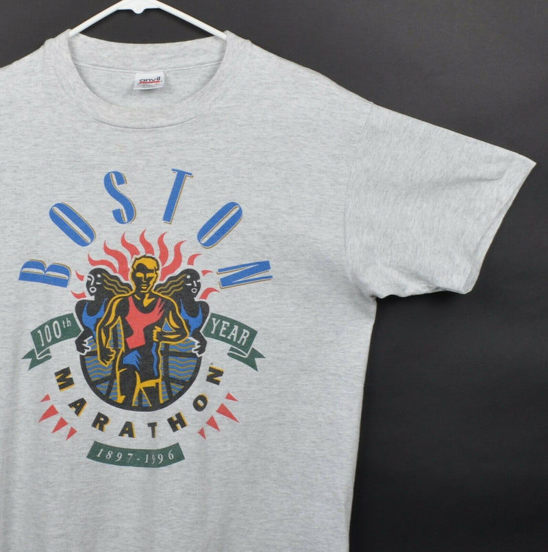 Vtg 1996 Boston Marathon Men's Sz Large 100th Year Runner Gray Graphic T-Shirt
