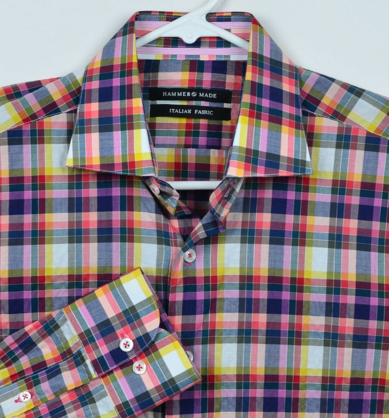 Hammer Made Men's Sz 15.5 Medium Pink Multi-Color Plaid Check Seersucker Shirt