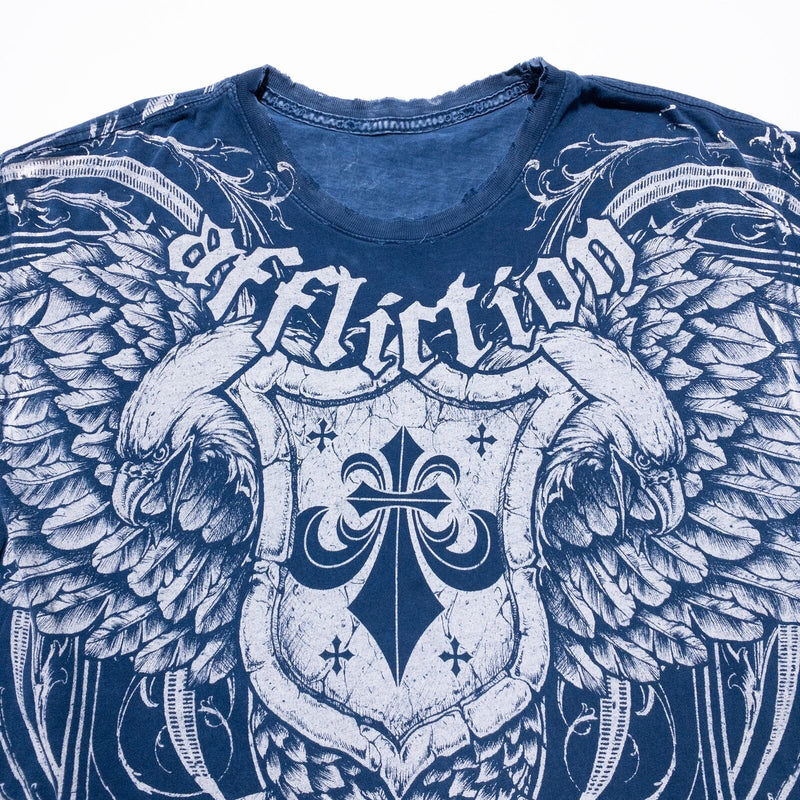 Affliction T-Shirt Men's Large Blue Eagle Double-Sided Y2K Distressed AOP Grunge
