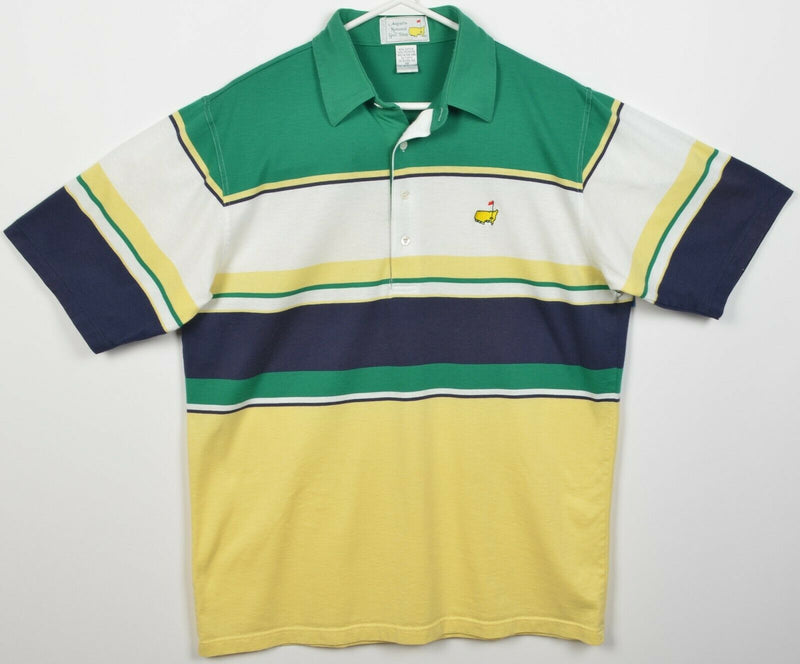 Masters Golf Men's Large Augusta National Green Yellow Navy Striped Polo Shirt