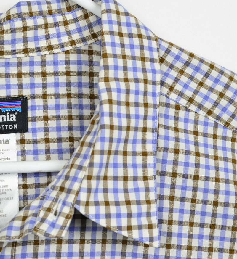Patagonia Men’s Sz XL Organic Cotton Poly Blend Blue Brown Plaid Check Shirt