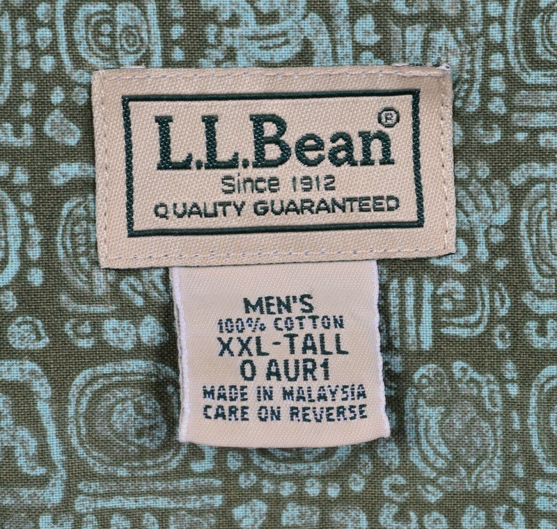 L.L. Bean Men's 2XLT Tall Green Aztec Geometric Button-Front Hawaiian Shirt