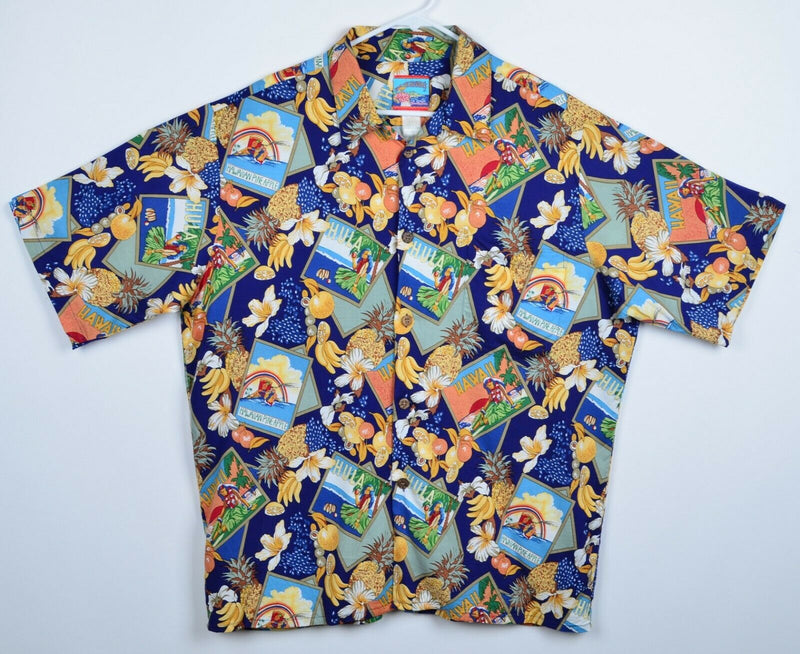 Joe Kealoha's Men's Large Rayon Postcard Fruits Tropical Hawaiian Shirt