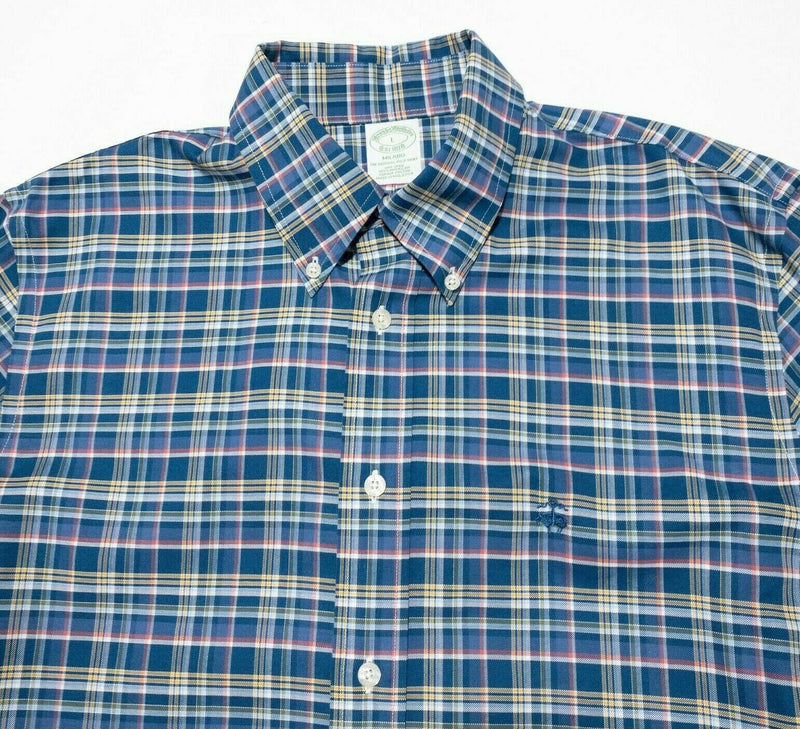 Brooks Brothers Milano Shirt Large Long Sleeve Button-Down Blue Plaid Men's Logo