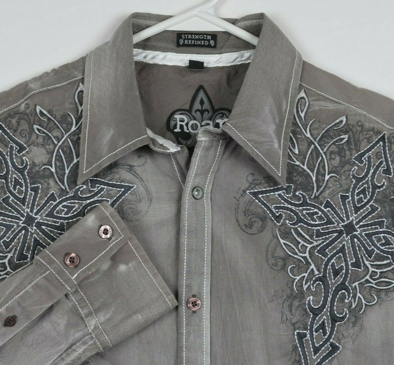 Roar Men's Large Embroidered Cross Wings Tribal Gray Distressed Noble Shirt