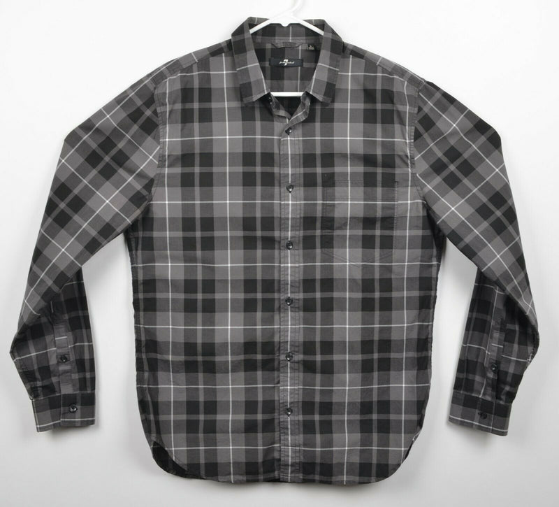 7 For All Mankind Men's Sz Large Gray Black Plaid Button-Front Casual Shirt