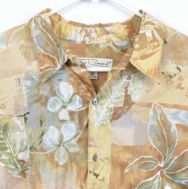 Tori Richard Men's XL Floral Yellow Tan Cotton Lawn Hawaiian Aloha Shirt