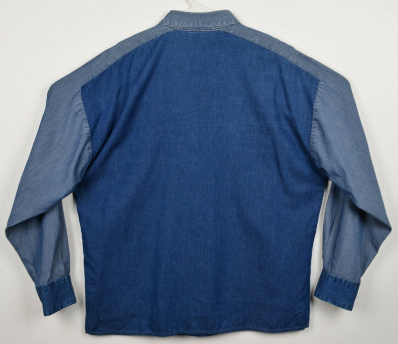Vintage 90s Girbaud Men's XL Denim Colorblock Blue Button-Front Shirt