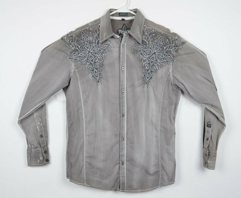 Roar Men's Large Embroidered Cross Wings Tribal Gray Distressed Noble Shirt