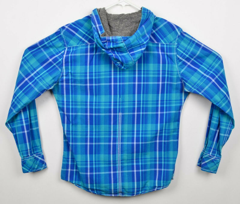 BKE Men's Sz Medium Tailored Fit Pearl Snap Blue Plaid Western Hoodie Shirt