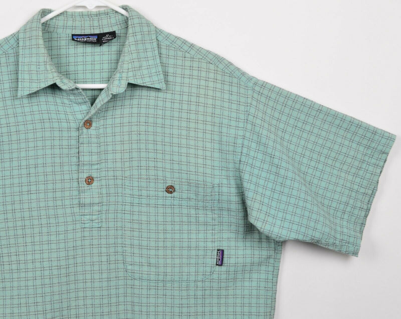 Vtg 90s Patagonia Men's Sz Medium Organic Cotton Teal Green Plaid Polo Shirt
