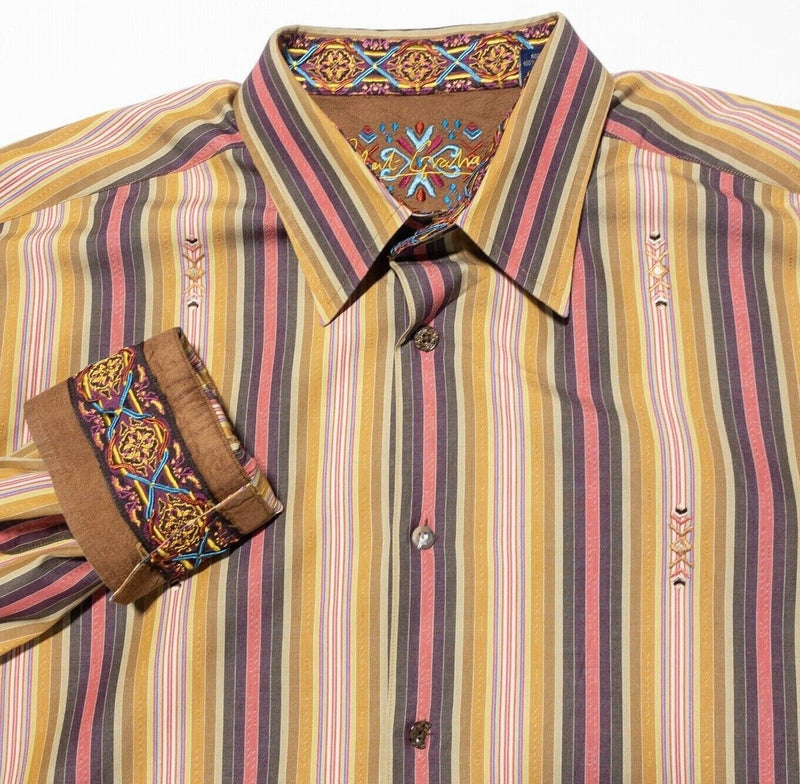 Robert Graham Shirt XL Men's Flip Cuff Long Sleeve Gold Pink Striped Silk Trim