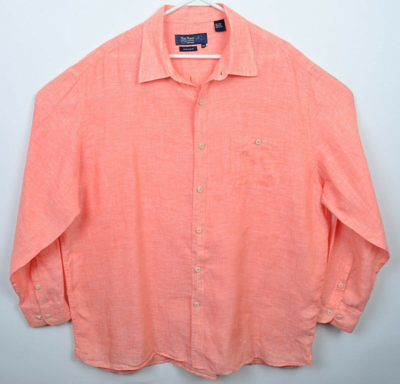 Nat Nast Men's 2XL American Fit 100% Linen Peach Orange Button-Front Shirt