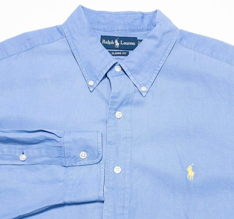 Polo Ralph Lauren Silk Linen Shirt XL Classic Fit Men's Blue Button-Down Preppy