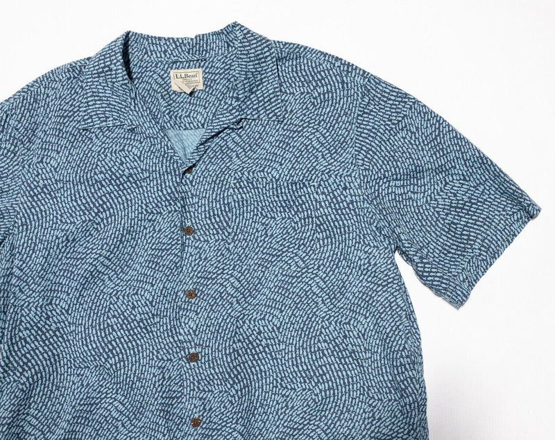 L.L. Bean Tropics Shirt Large Men's Fish Print Hawaiian Blue Loop Collar Camp