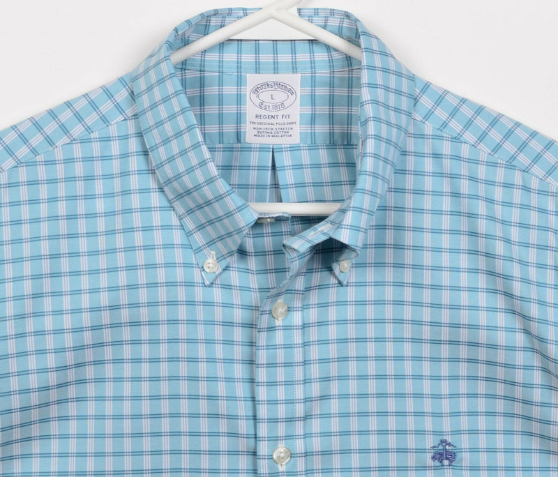 Brooks Brothers Men's Large Regent Fit Non-Iron Stretch Blue Plaid Logo Shirt