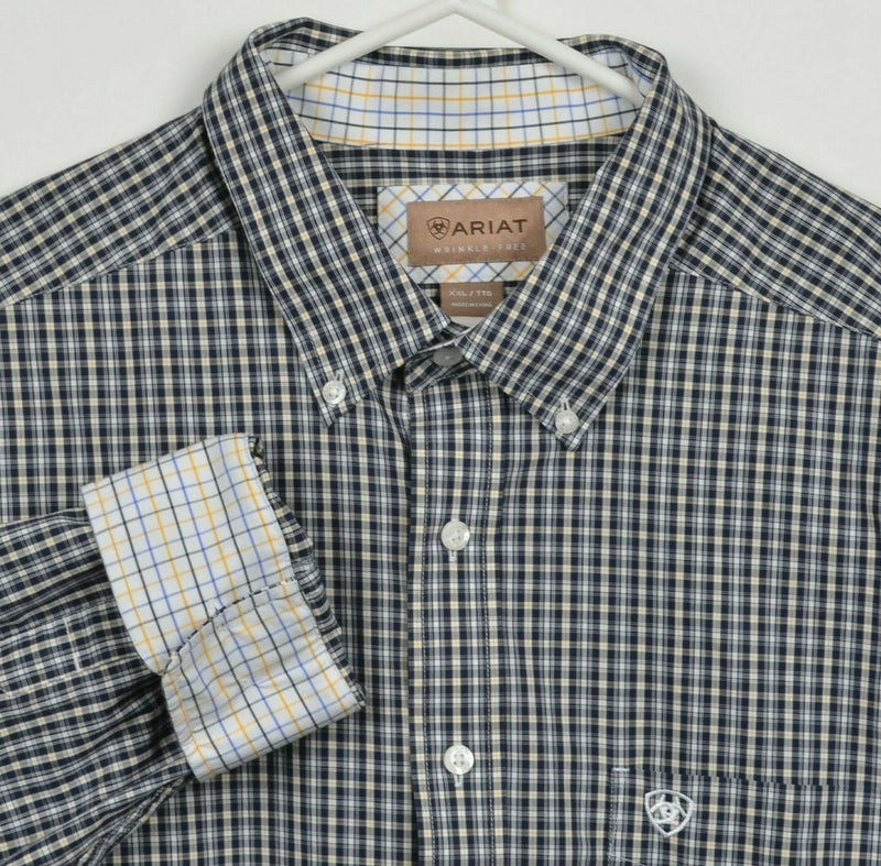 Ariat Wrinkle-Free Men's 2XL Flip Cuff Navy Blue Plaid Western Button-Down Shirt