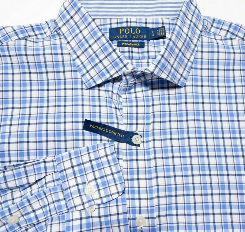 Polo Ralph Lauren Performance Wicking Stretch Shirt Nylon Blue Plaid Men's Large