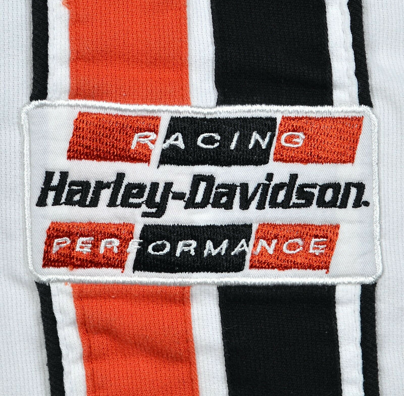 Harley-Davidson Men Large White Orange Stripe Racing Patch Mechanic Biker Shirt