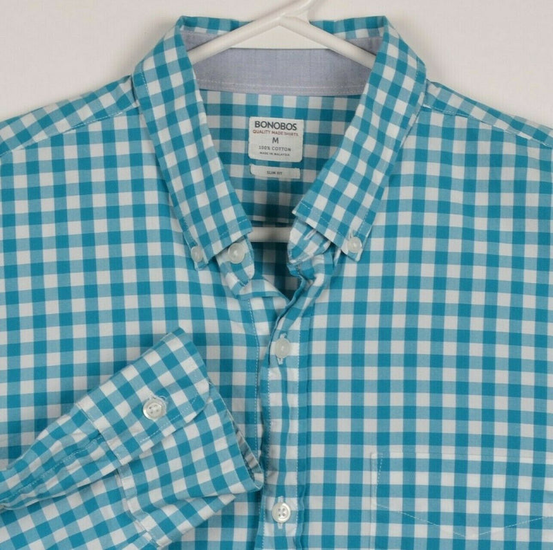 Bonobos Men's Medium Slim Fit Blue Gingham Check Plaid Button-Down Shirt