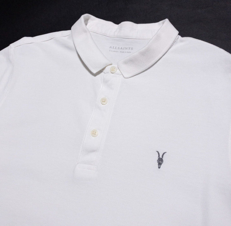 AllSaints Polo Men's XL Long Sleeve Shirt Solid White Form LS Ramskull Logo