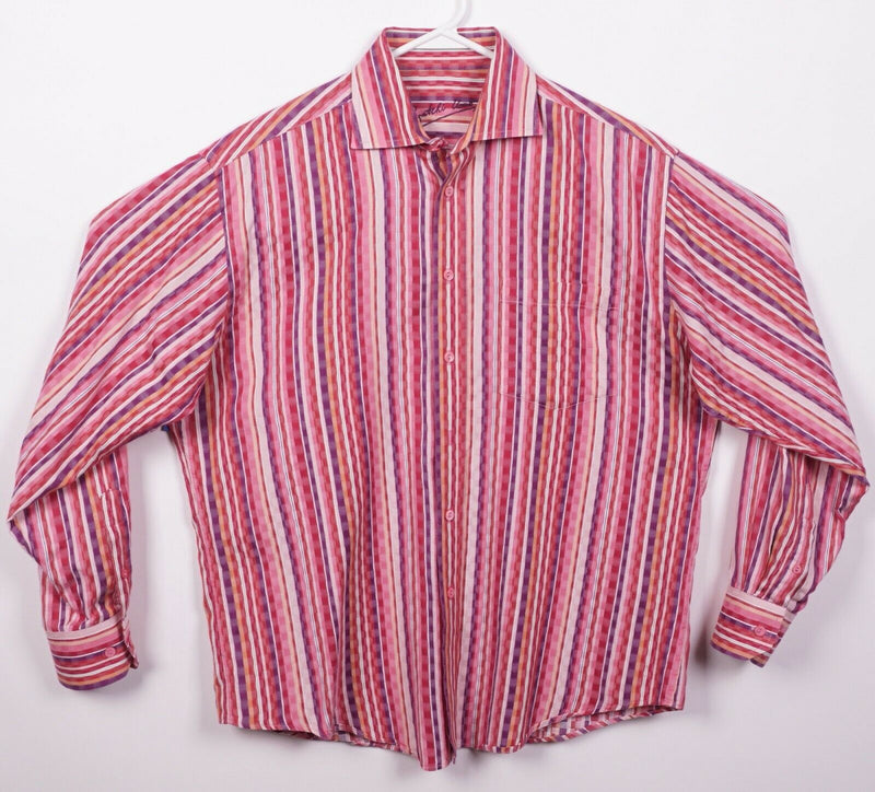 Bugatchi Uomo Men's Medium Pink Red Purple Multi-Color Stripe Button-Front Shirt