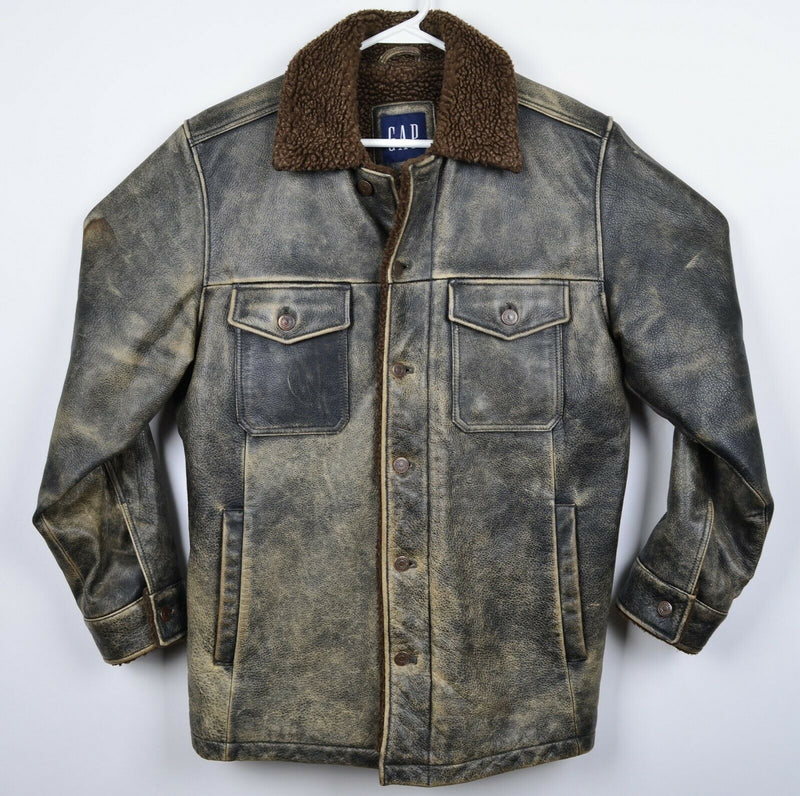 GAP Men's Small 100% Leather Sherpa Lined Snap Pockets Barn Distressed Jacket