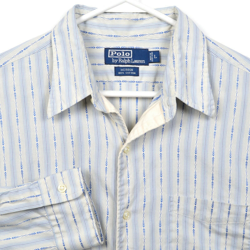 Polo Ralph Lauren Men's Large "Merrin" White Blue Striped Geometric Button Shirt