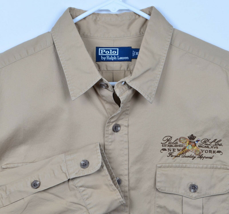 Polo Ralph Lauren Men's Sz XL Embroidered Pheasant Logo Hunting Khaki Shirt