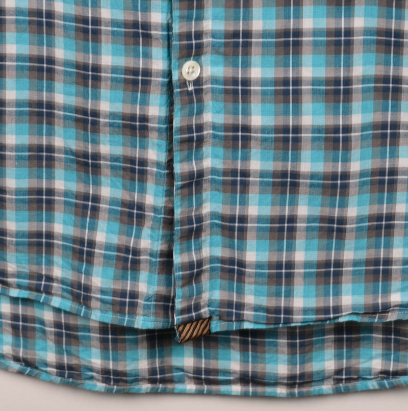 Billy Reid Men's Large Standard Cut Blue Gray Plaid Cutaway Button-Front Shirt