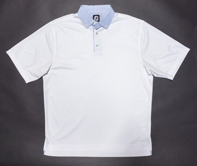 FootJoy Golf Shirt Large Men's Polo Solid White Blue Collar Button-Down Wicking