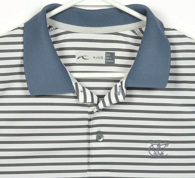 KJUS Men's Small/48 Comfort Fit White Gray Luis Stripe Wicking Golf Polo Shirt