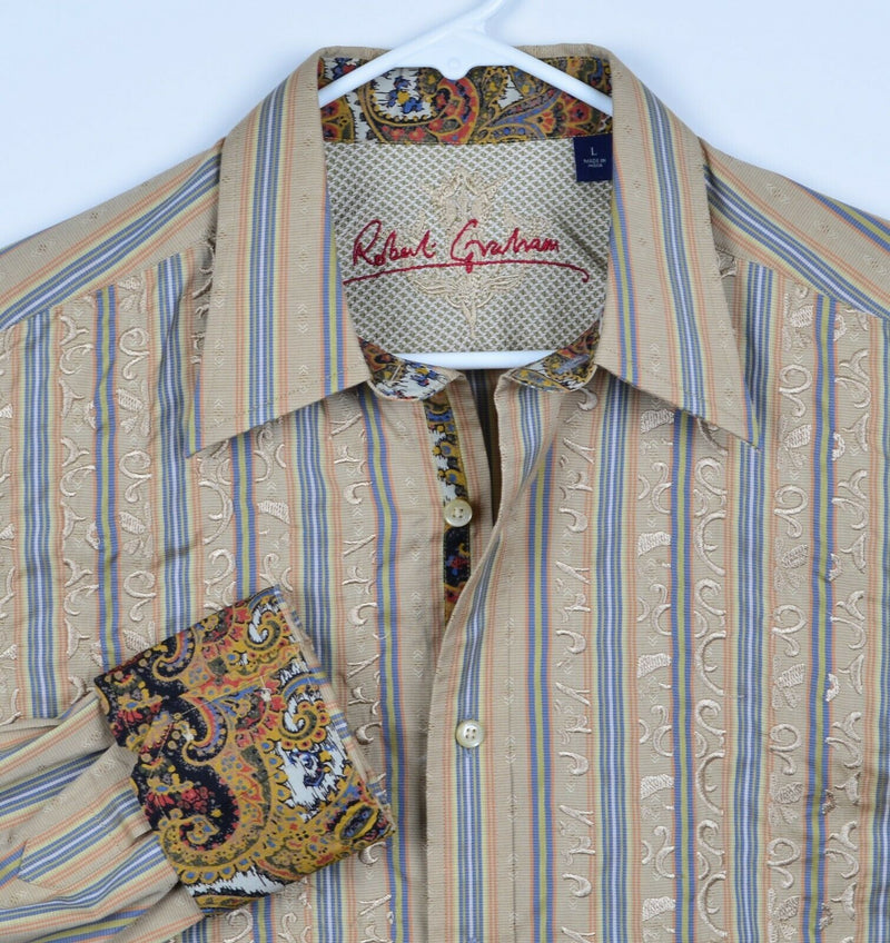 Robert Graham Men's Sz Large Textured Flip Cuff Gold Striped Paisley Shirt