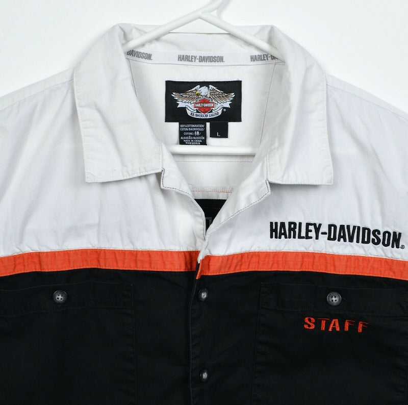 Harley-Davidson Staff Men's Large White Black Orange Buell Garage Mechanic Shirt