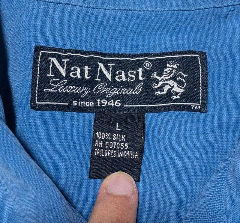 Nat Nast Silk Shirt Large Men's Panel Striped Bowling Camp Hawaiian Aloha Blue